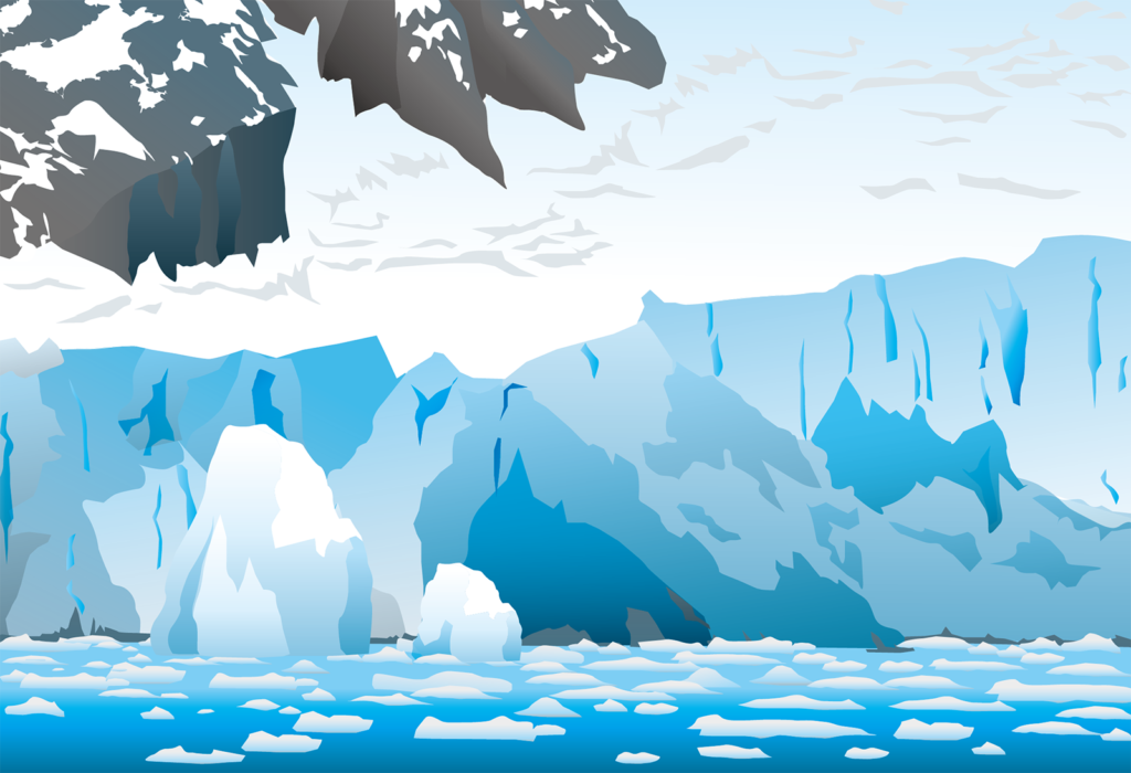 氷山が融けて流れ出る温暖化の様子。
